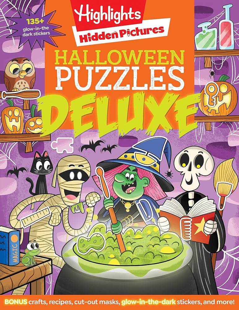 Halloween Puzzles Deluxe: Halloween Activity Book for Kids, 135 Glow-in-the-Dark Stickers, 96-pages of Mazes, Puzzles with Halloween Crafts & Recipes (Highlights Hidden Pictures) cover image