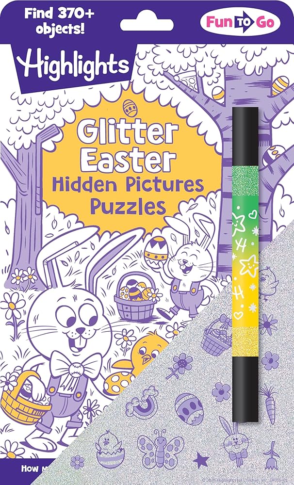 Glitter Easter Hidden Pictures Puzzles: Over 370 Hidden Objects in Festive Easter Puzzle Book Featuring Bunnies, Eggs and Flowers, Easter Gift for Kids 6-9 cover image