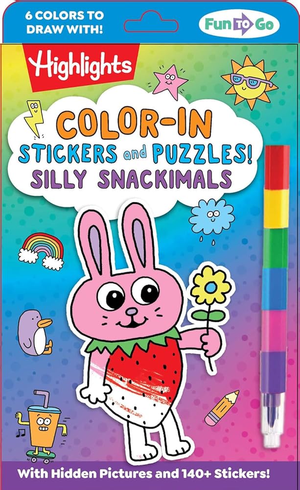 Color-In Stickers and Puzzles! Silly Snackimals: Deliciously Cute Hidden Pictures Puzzles and Sticker Activity Book with Color-In Animal and Snack ... Puzzles for Kids 6-9 (Highlights Fun to Go) cover image